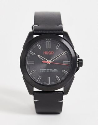 Hugo mens leather watch in black 1530227