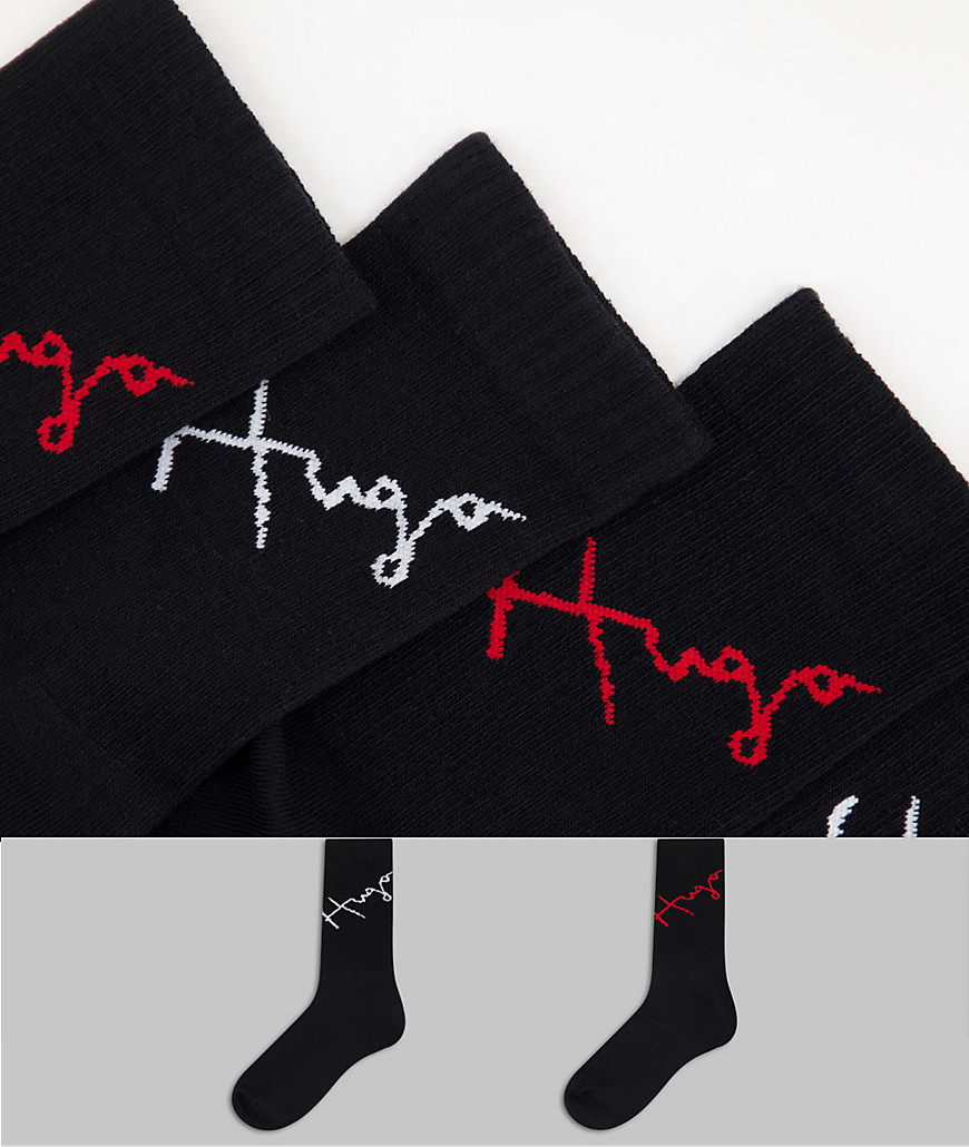 HUGO - Pakke med 2 par sorte sokker i ribstrik med tekstlogo