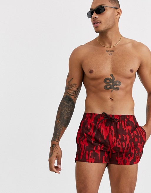HUGO Palawan swim shorts in red with camo print