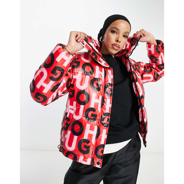 HUGO polyester all over logo printed padded coat in multi | ASOS