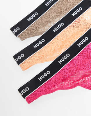 Hugo Red 3-pack Lace Thongs With Logo Waistband In Multi