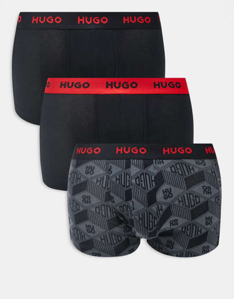 HUGO RED 3 pack logo waistband plain and all over logo trunks in black - view 1