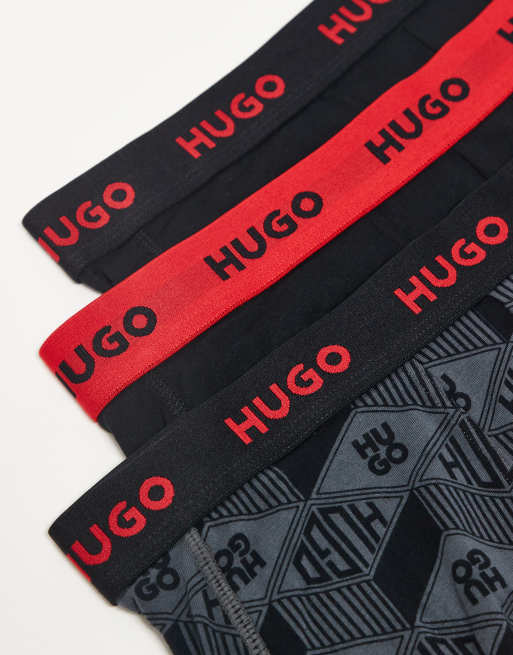 HUGO RED 3 pack logo waistband plain and all over logo trunks in black