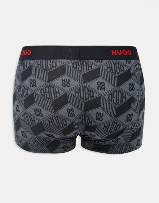 HUGO RED 3 pack logo waistband plain and all over logo trunks in black