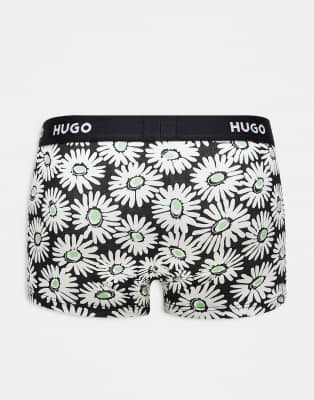 Hugo Red 3 Pack Logo Waistband Plain And Daisy Print Trunks In Multi