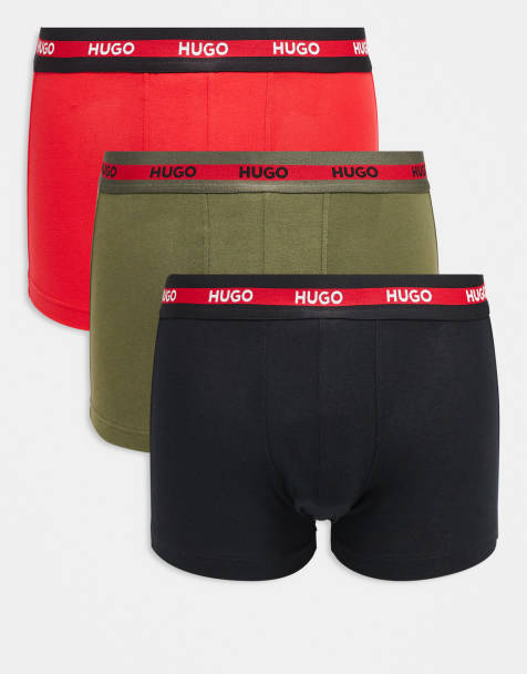 HUGO Red 3 pack of Planet logo stripe waistband trunks in green/red/black - view 1