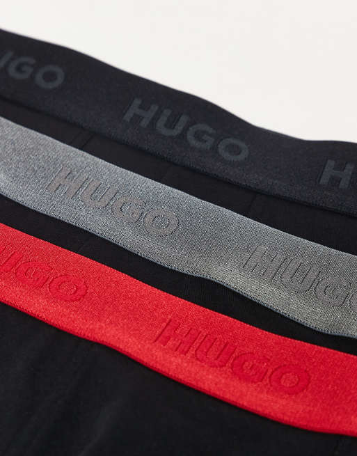 HUGO Red 3 pack of shiny logo waistband trunks in black, 2 of 3