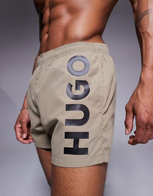 HUGO RED Abas vertical logo swim shorts in light brown, 3 of 4
