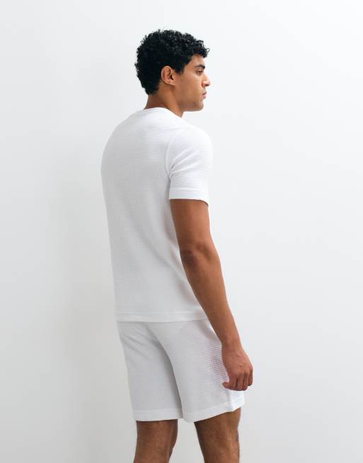 HUGO Red Austin lounge wear co-ord waffle t-shirt in white , 4 of 5