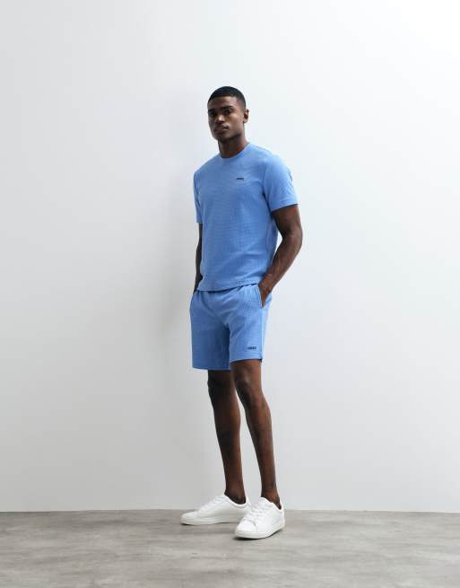 HUGO Red Austin loungekleding co-ord set wafelshort in blauw, 3 van 5