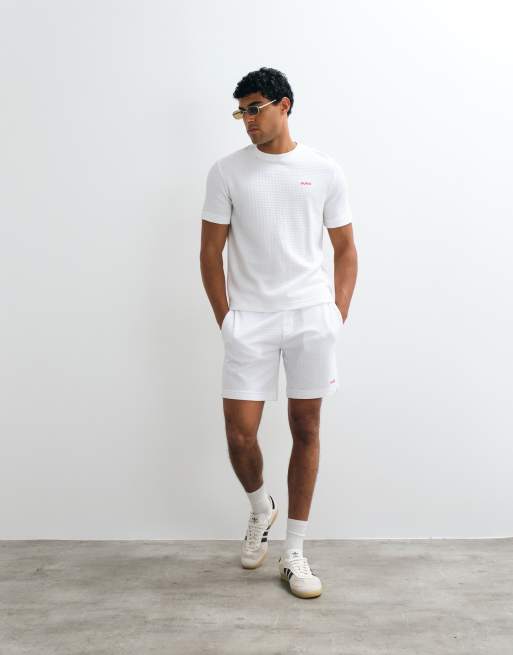 HUGO Red Austin loungewear-sæt med vaffelstruktur, shorts i hvid, 5 af 5