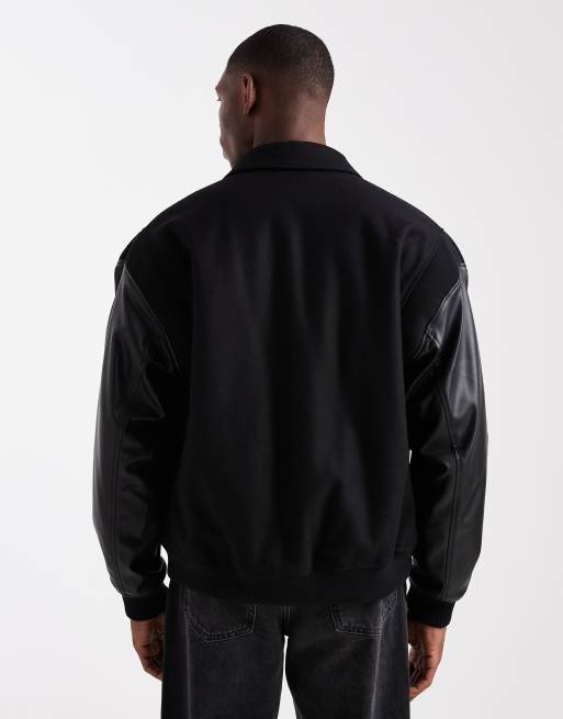 HUGO Red - Barkus - Varsity jack van wol met leren mouwen in zwart, 3 van 5