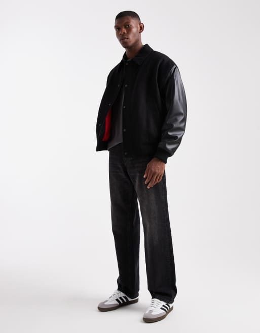 HUGO RED Barkus wool varsity jacket with leather sleeve in black, 2 of 5
