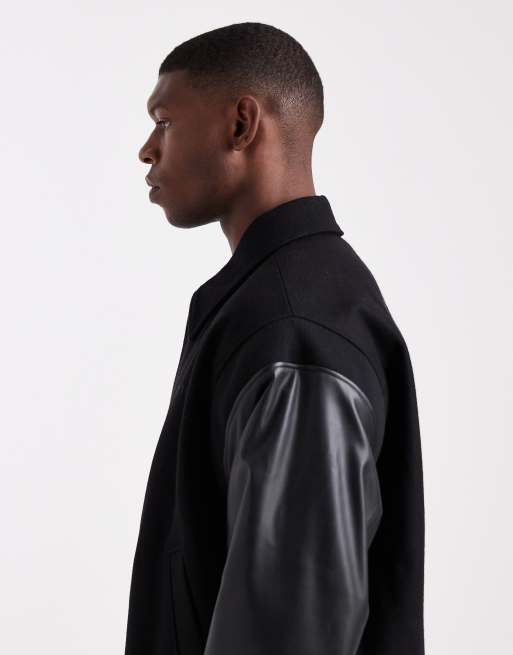 HUGO RED Barkus wool varsity jacket with leather sleeve in black, 4 of 5