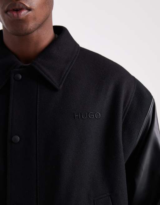 HUGO RED Barkus wool varsity jacket with leather sleeve in black, 5 of 5