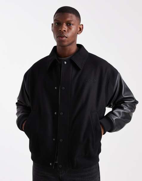 HUGO RED Barkus wool with leather sleeve varsity jacket in black - view 1