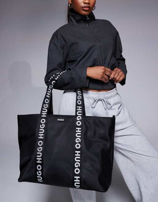 HUGO Red – Bel – Czarna nylonowa torba typu tote z uchwytem z logo