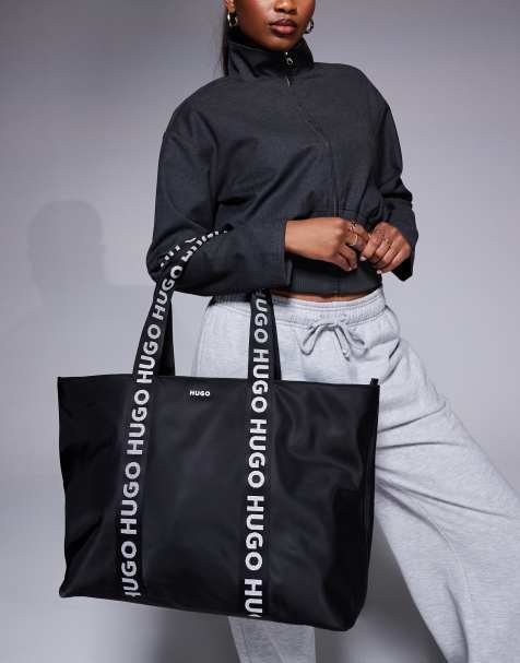 HUGO Red - Bel - Maxi borsa in nylon nera con logo sul manico - view 1