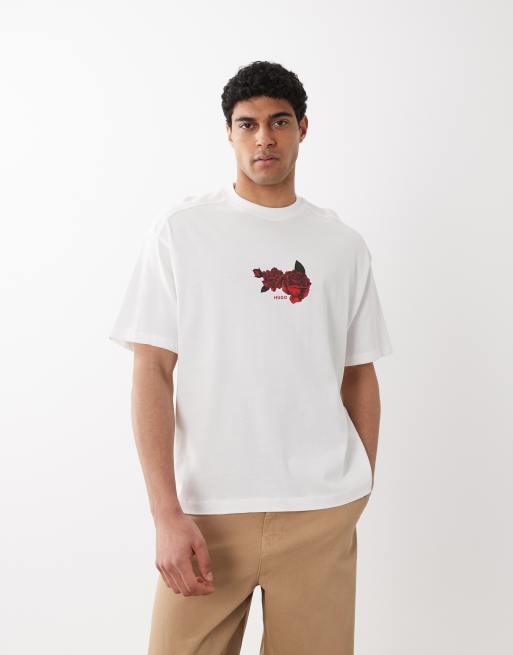 HUGO Red – Biały T-shirt oversize z nadrukiem i logo, 3 z 5