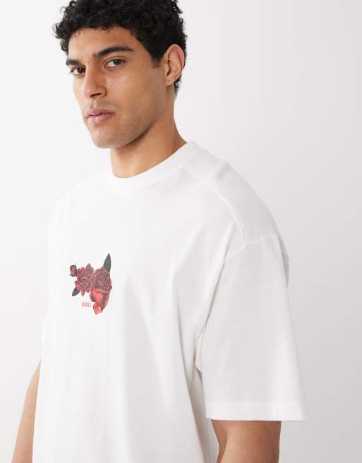HUGO Red – Biały T-shirt oversize z nadrukiem i logo, 4 z 5