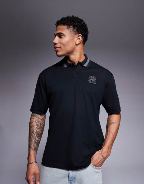HUGO RED Bull Racing capsule Dodac silver logo and collar stripe relaxed fit pique polo in black