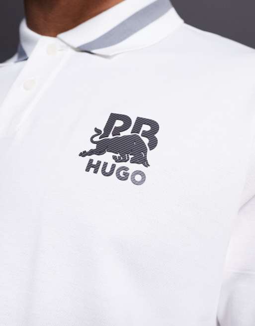HUGO RED Bull Racing capsule Dodac silver logo and collar stripe relaxed fit pique polo in white, 2 of 4