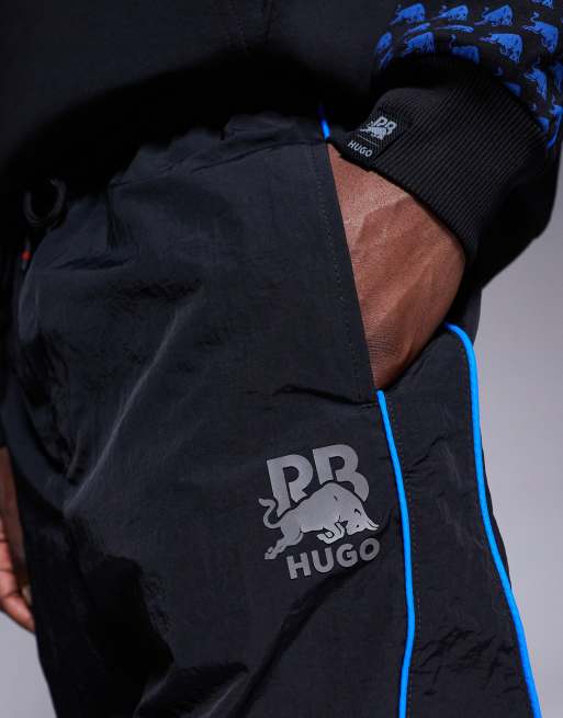 HUGO Red Bull Racing capsule Garat blue piping detail drawstring shorts in black, 4 of 5