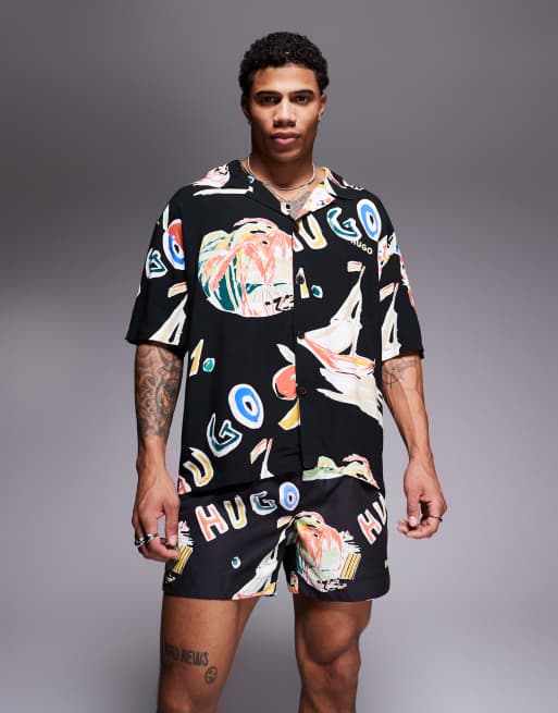 HUGO Red - Calala - Sorte badeshorts med logo- og bladprint - Del af sæt, 4 af 4