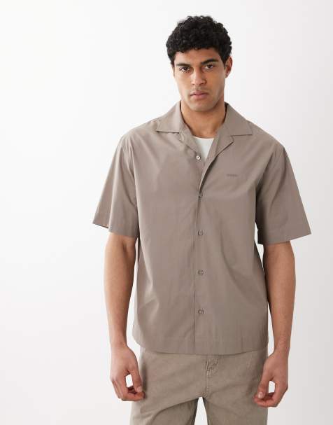 HUGO Red - Camicia oversize a maniche corte marrone chiaro con logo - view 1