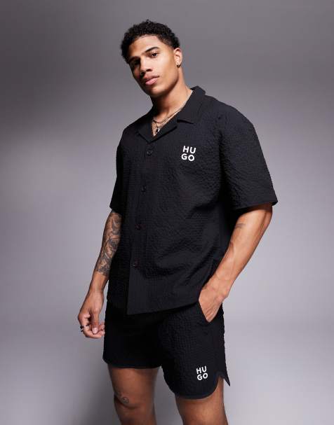 HUGO Red - Chaffle - Camicia da spiaggia a maniche corte nera a nido d'ape con colletto a rever in coordinato - view 1