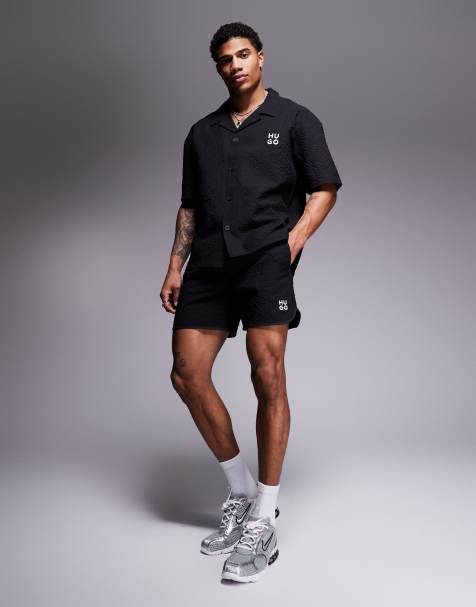 HUGO Red Chaffle logo waffle swim shorts in black (part of a set) - view 1