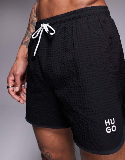 HUGO Red Chaffle logo waffle swim shorts in black - part of a set