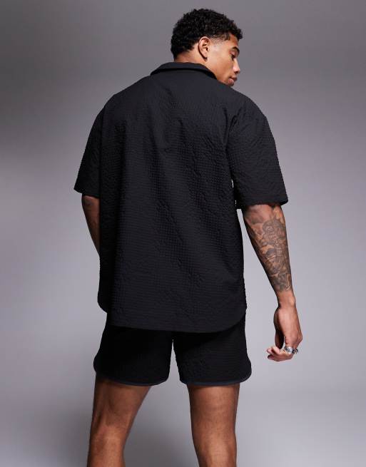 HUGO Red - Chaffle - Zwemshort met logo en wafelstructuur in zwart, deel van co-ord set, 3 van 4