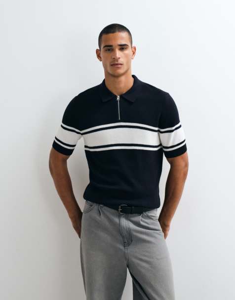HUGO Red chest striped knit polo shirt in navy - view 1
