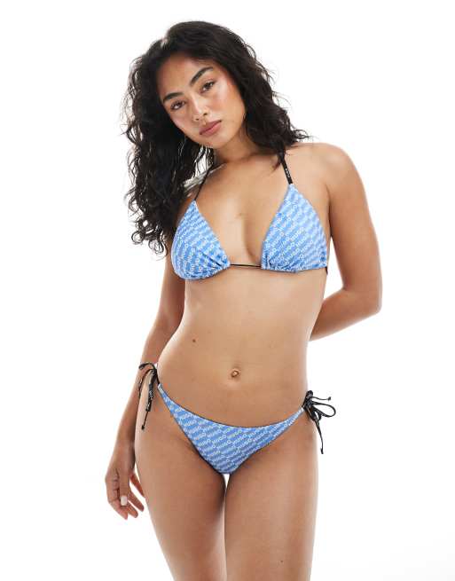 Hugo Red co-ord all over logo bikini top in blue, 3 of 4