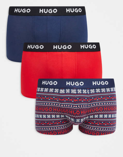 HUGO Red - Confezione da 3 paia di boxer aderenti rosso tinta unita/stampato/blu navy con fascia in vita con logo - view 1