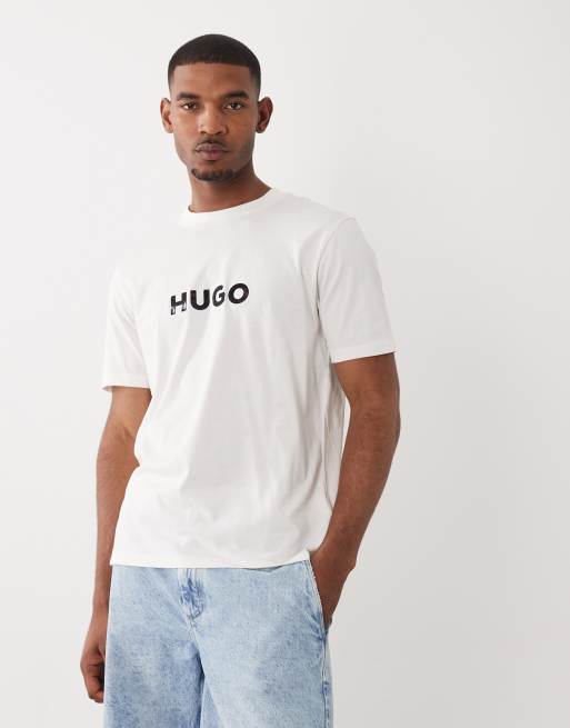 HUGO Red cotton jersey logo print t-shirt in cream, 3 of 5