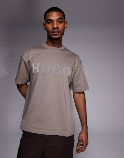 HUGO Red cotton jersey t-shirt with reflective logo in brown - view 1
