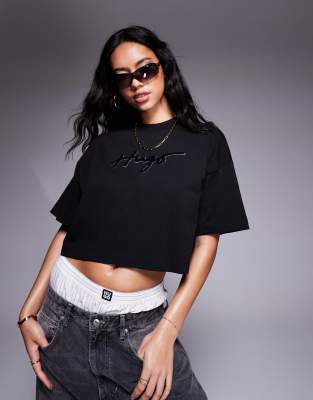 Hugo Red cropped t-shirt in black with logo print and diamante