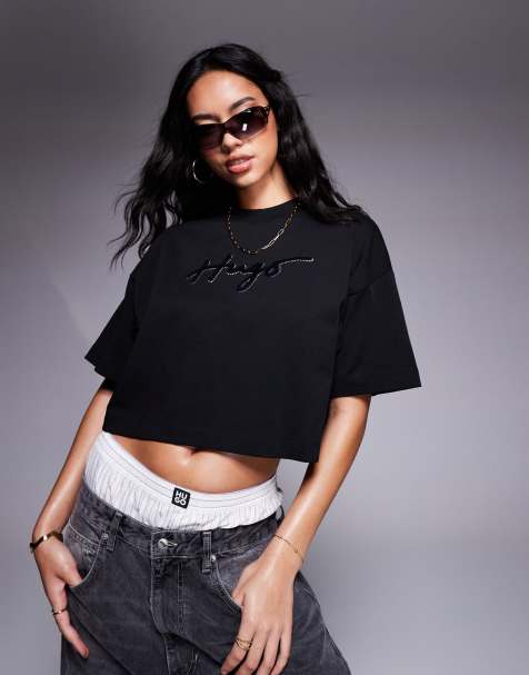 HUGO Red cropped t-shirt in black with logo print and diamante detailing - view 1