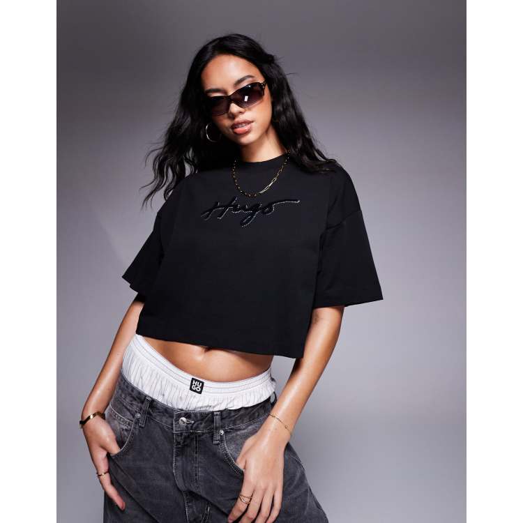 HUGO Red cropped t-shirt in black with logo print and
