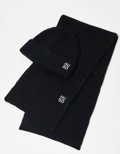 HUGO Red – Czarny zestaw: czapka beanie i szalik, 2 z 3