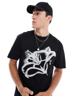HUGO Red - Dablumo - T-shirt avec grand imprimé fleur au pochoir sur la poitrine - Noir
