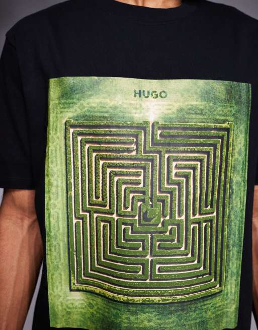 HUGO Red - Dabryntee - Ruimvallend T-shirt met print van doolhof in zwart, 5 van 5