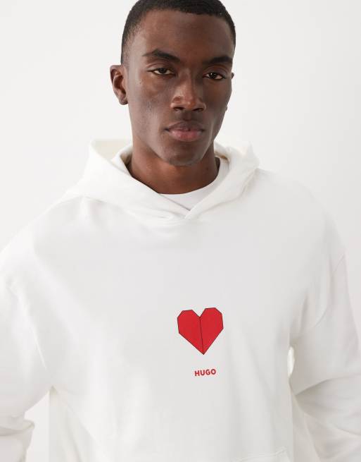 HUGO Red dalentinos heart logo hoodie in white, 3 of 5