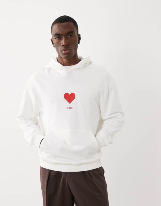HUGO Red dalentinos heart logo hoodie in white, 5 of 5