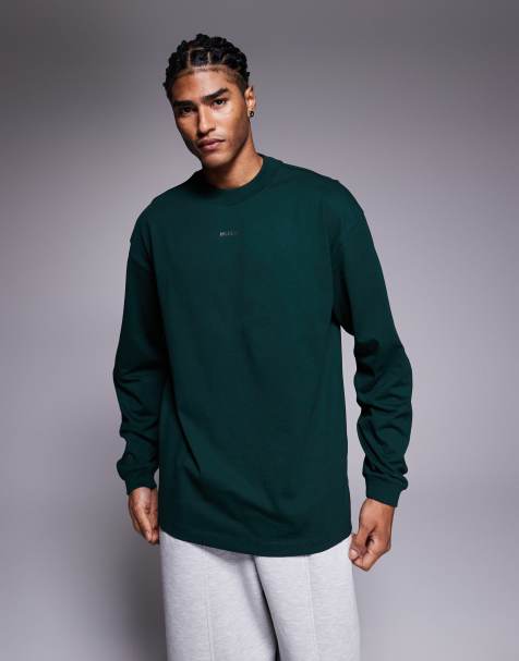 HUGO RED Daposo central logo relaxed fit long sleeve t-shirt in dark green - view 1
