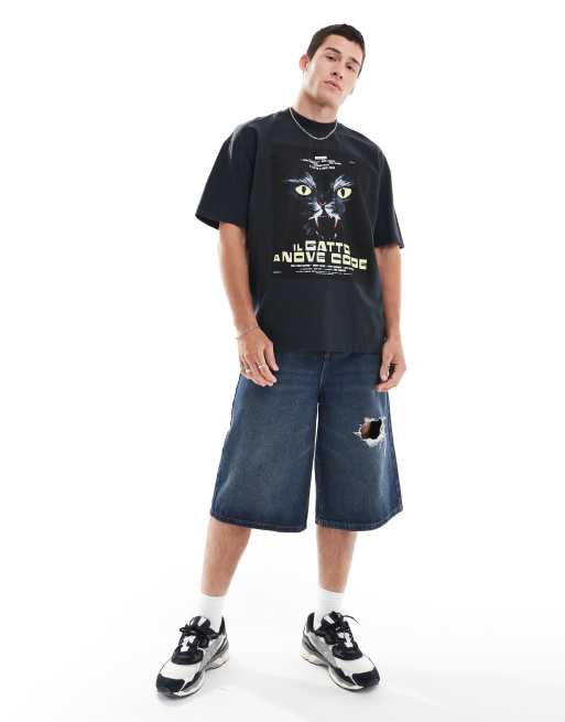 HUGO Red – Dargex – Oversize-T-Shirt in verwaschenem Schwarz mit Posterprint