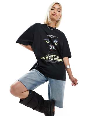 HUGO Red dargex oversized t-shirt in black with poster print