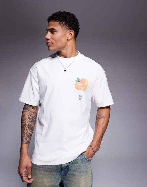 HUGO RED - Dartiee - Råhvid oversized T-shirt med appelsinprint på ryggen, 2 af 4